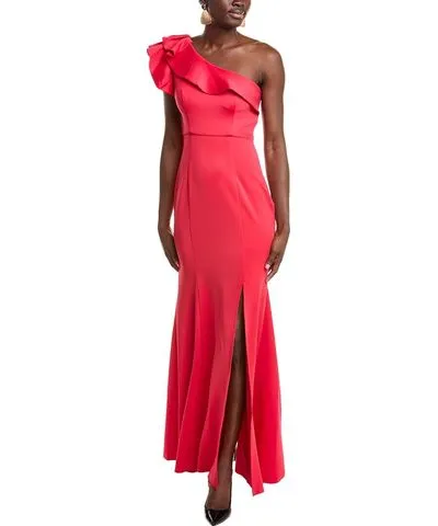 Rene Ruiz One-Shoulder Ruffle Neckline Scuba Gown