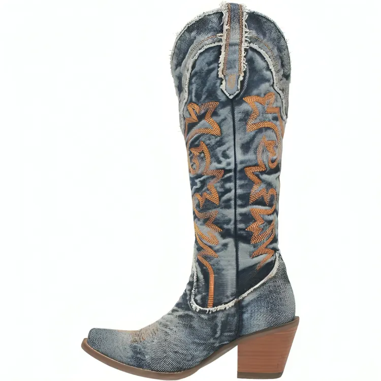 Retro Embroidery Denim Patchwork Round Toe Knee High Boots for Women