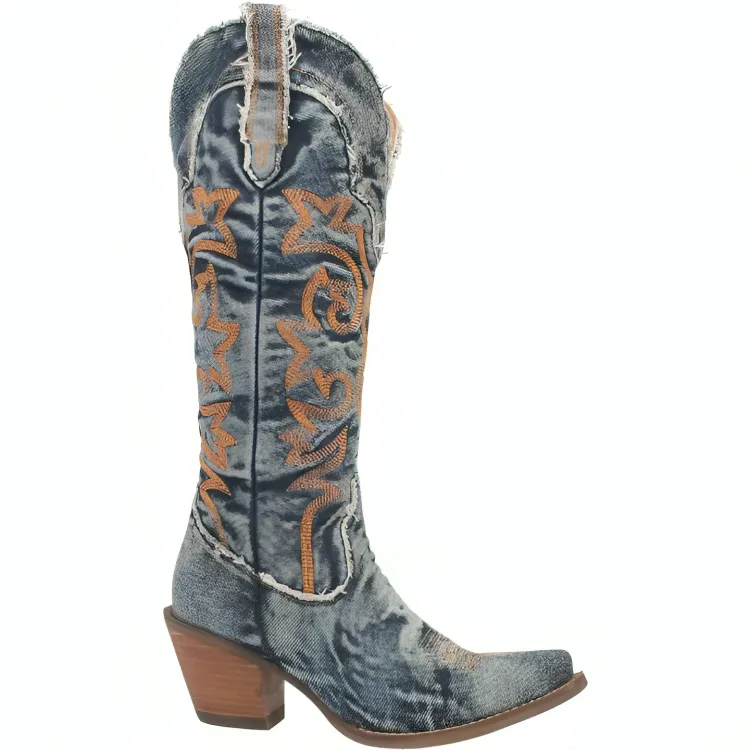 Retro Embroidery Denim Patchwork Round Toe Knee High Boots for Women