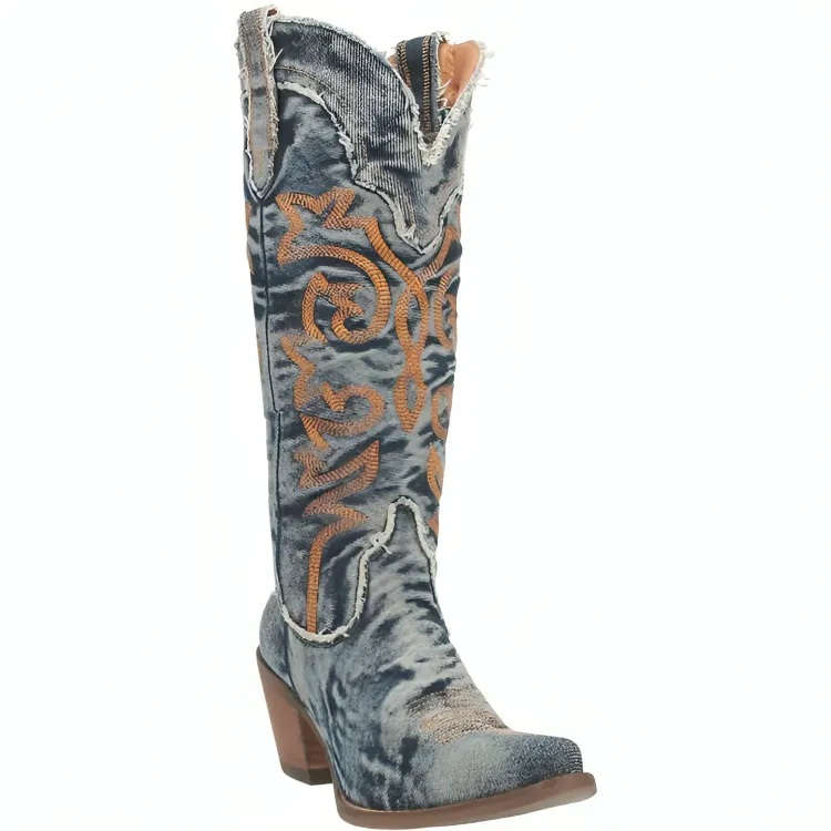 Retro Embroidery Denim Patchwork Round Toe Knee High Boots for Women