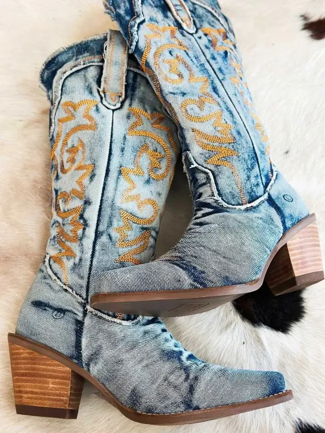 Retro Embroidery Denim Patchwork Round Toe Knee High Boots for Women