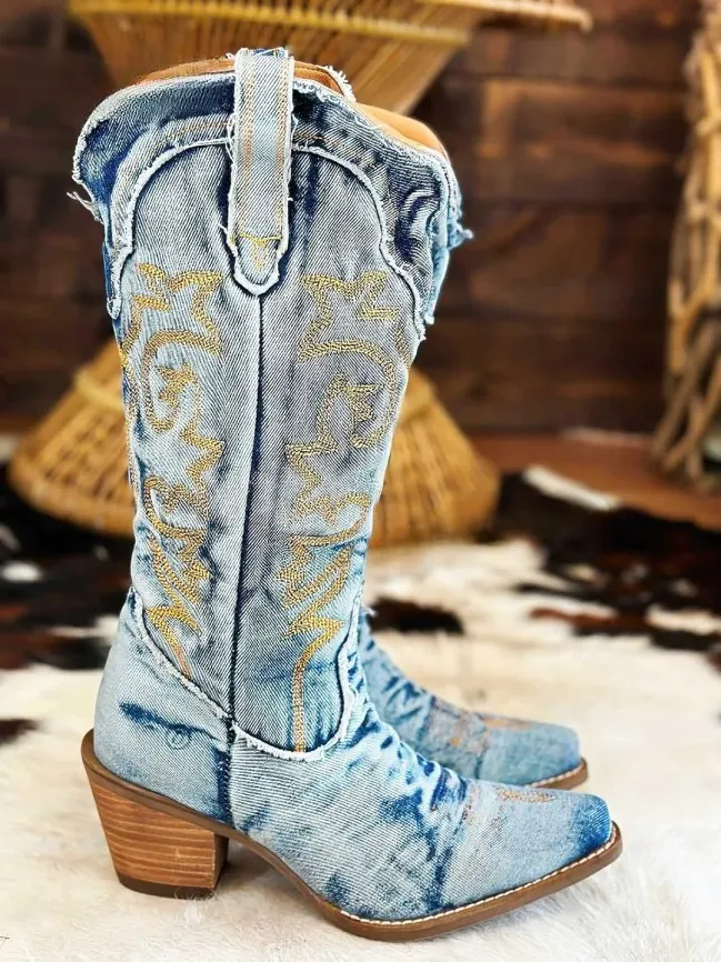 Retro Embroidery Denim Patchwork Round Toe Knee High Boots for Women