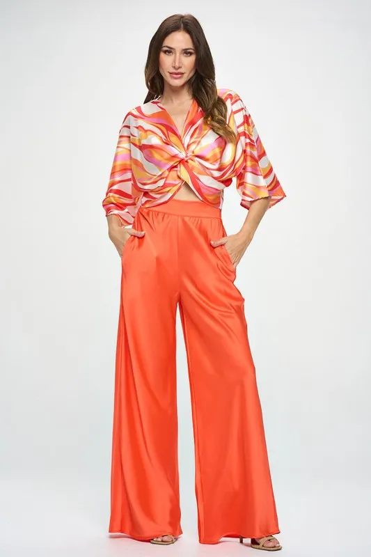 Stretch Satin Pants with Elastic Waist and Pockets