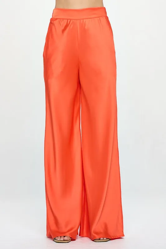 Stretch Satin Pants with Elastic Waist and Pockets