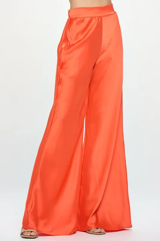 Stretch Satin Pants with Elastic Waist and Pockets