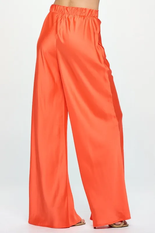 Stretch Satin Pants with Elastic Waist and Pockets