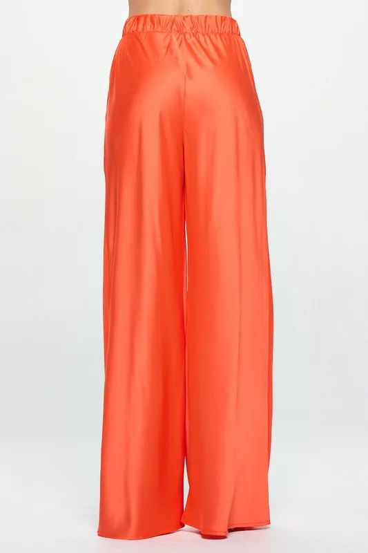 Stretch Satin Pants with Elastic Waist and Pockets