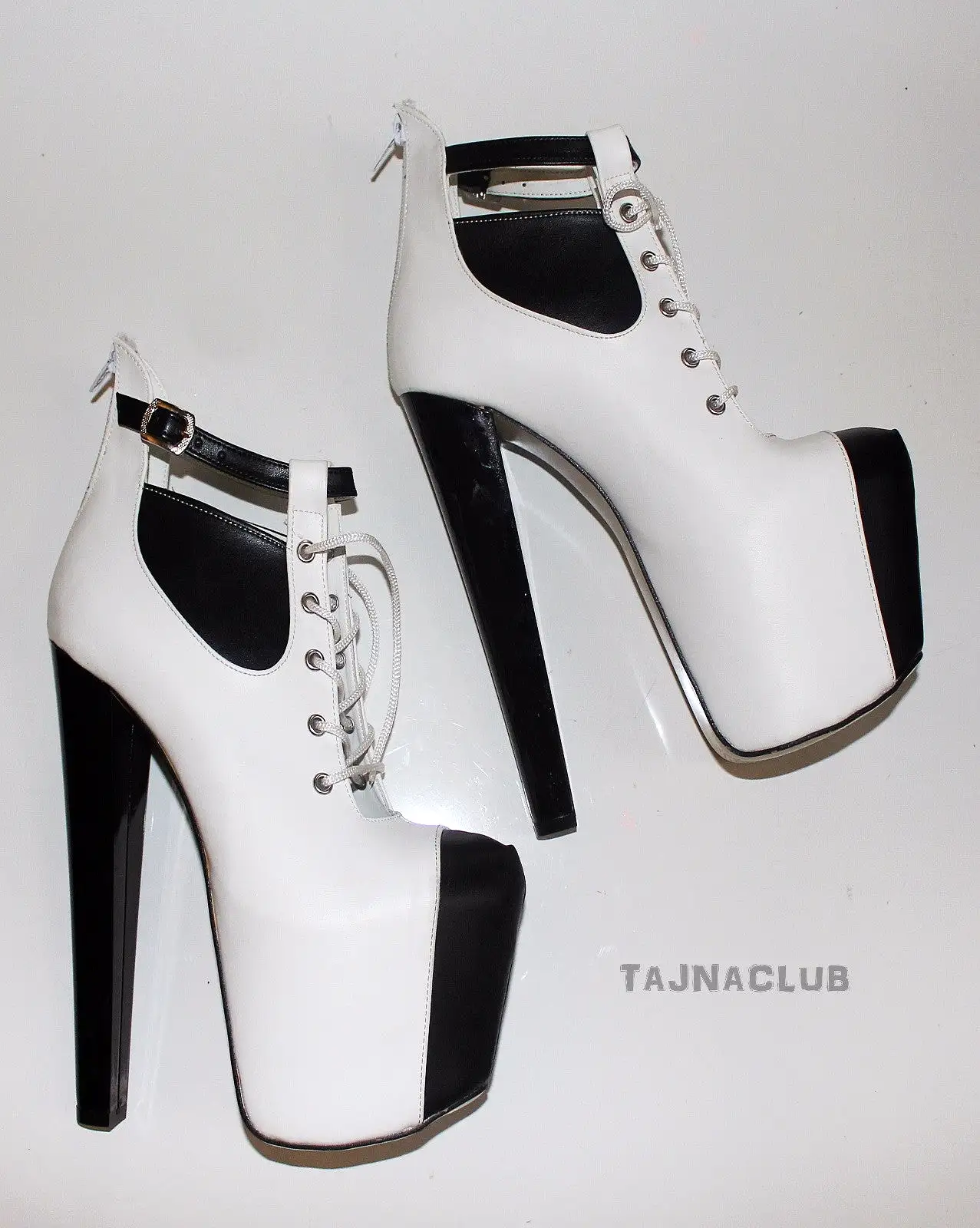 Stylish Black and White Belted Lace-up Platform Boots