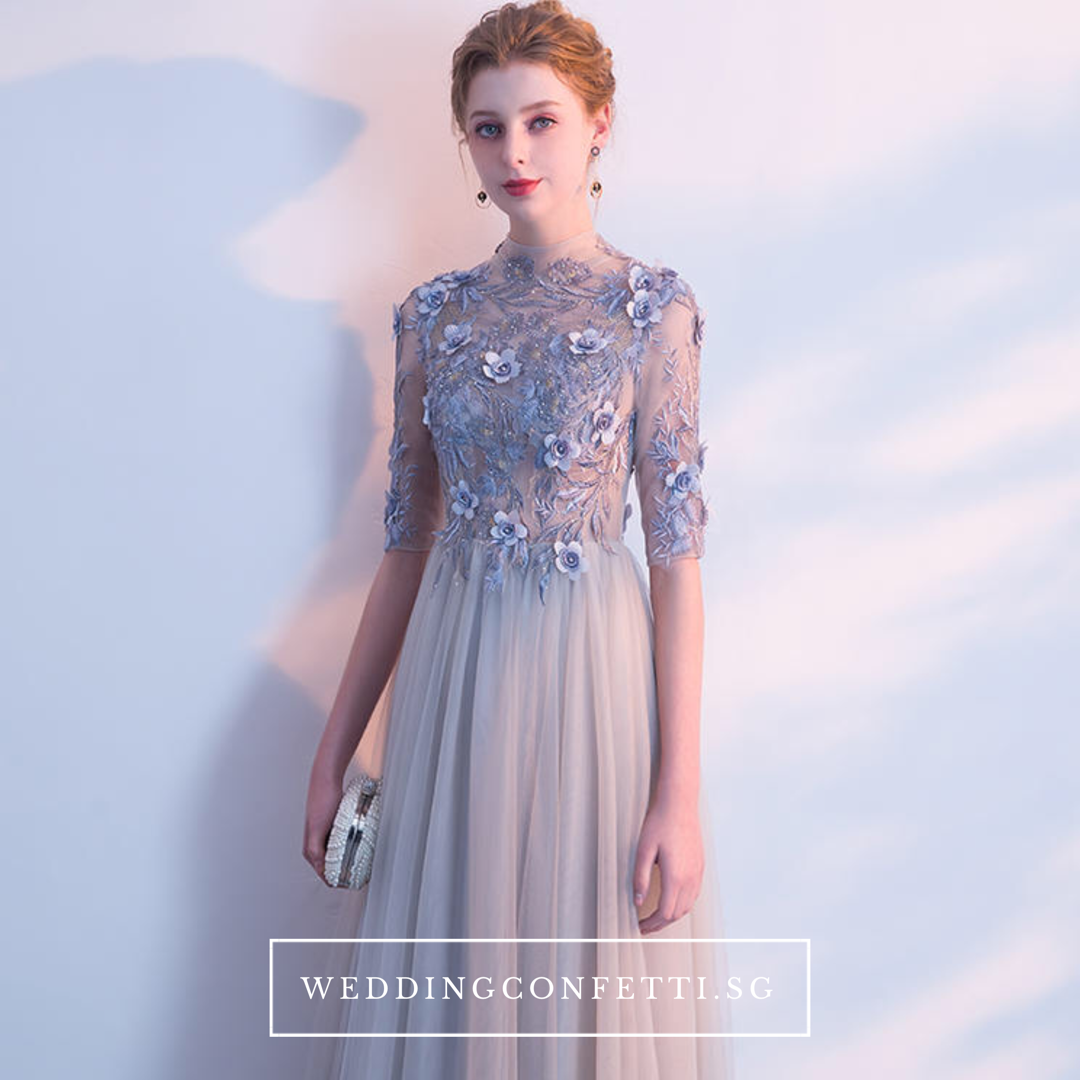 The Sarah Grey Long Sleeves Lace Gown