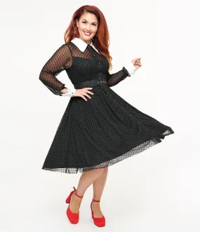 Unique Vintage 1950s Black Polka Dot Tulle Swing Dress