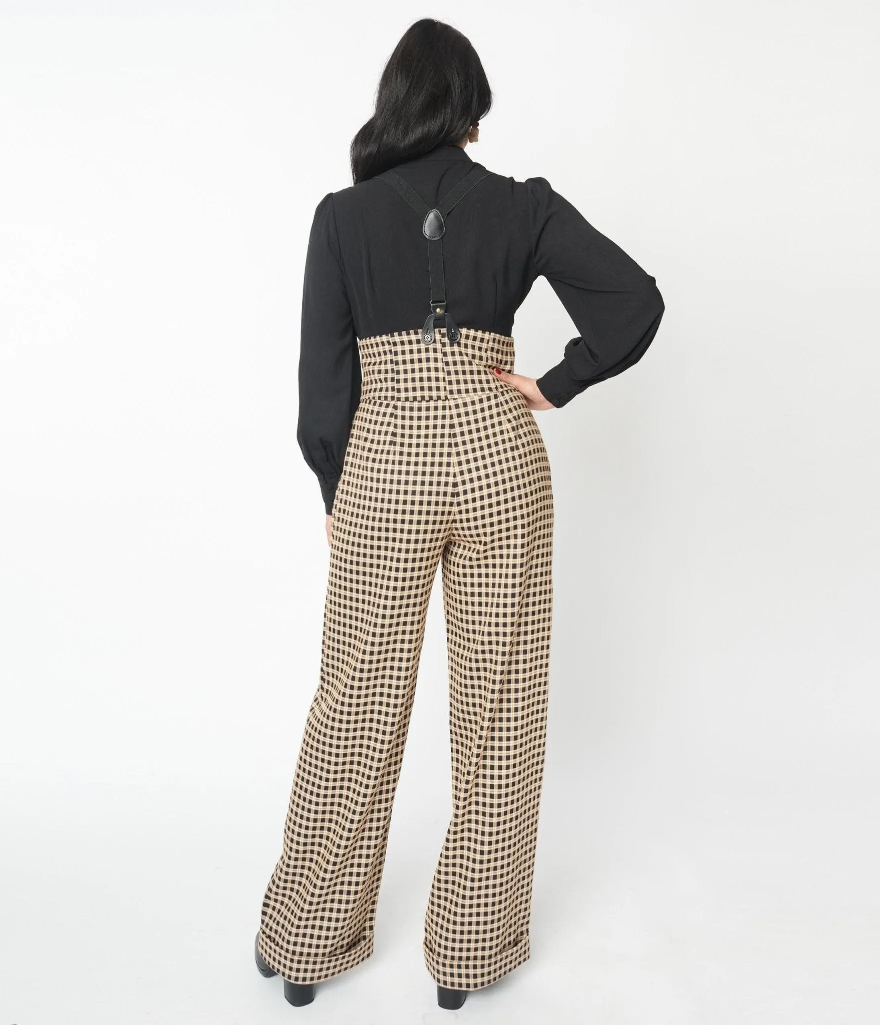 Unique Vintage Black & Beige Plaid Thelma Suspender Pants