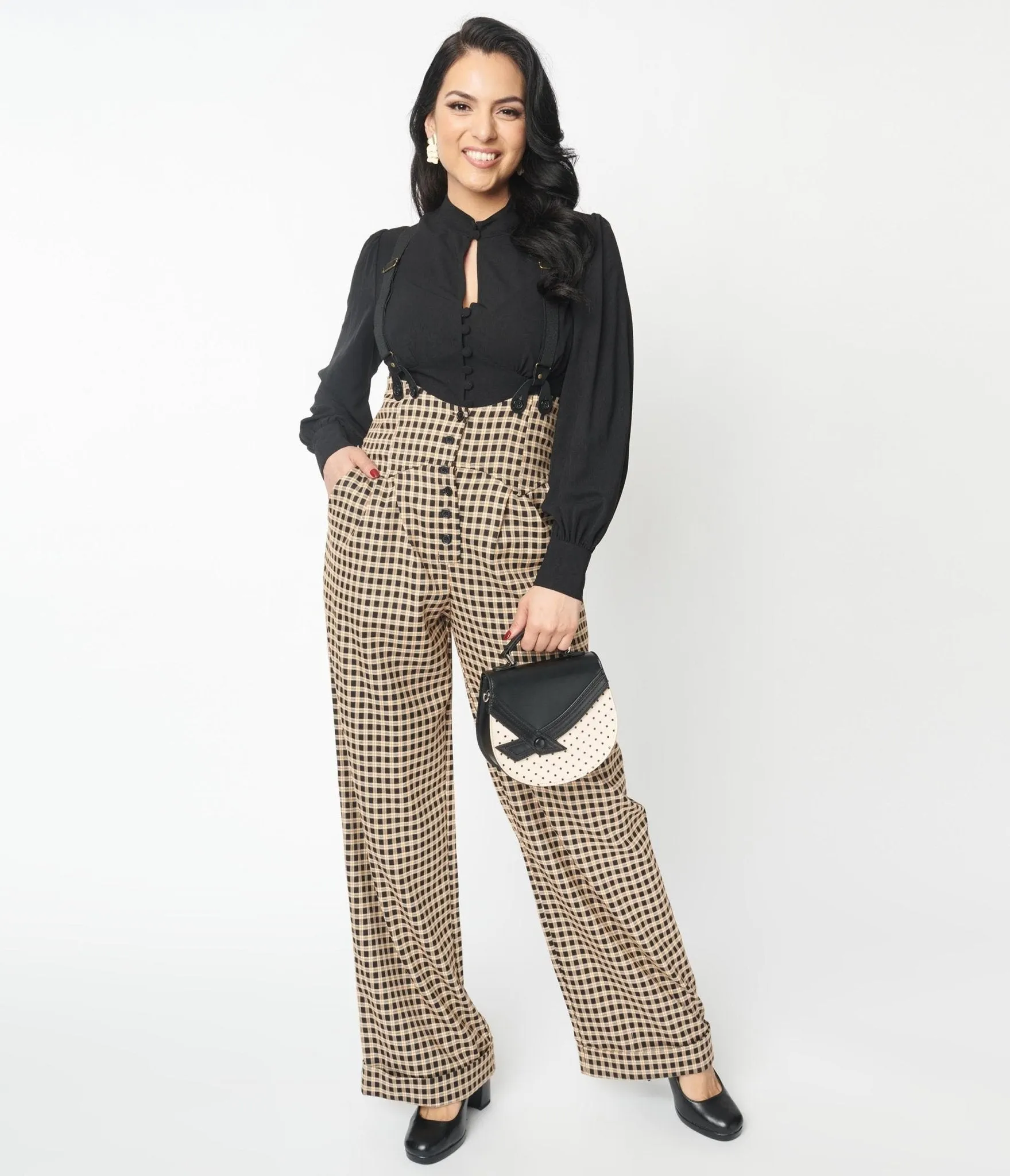 Unique Vintage Black & Beige Plaid Thelma Suspender Pants