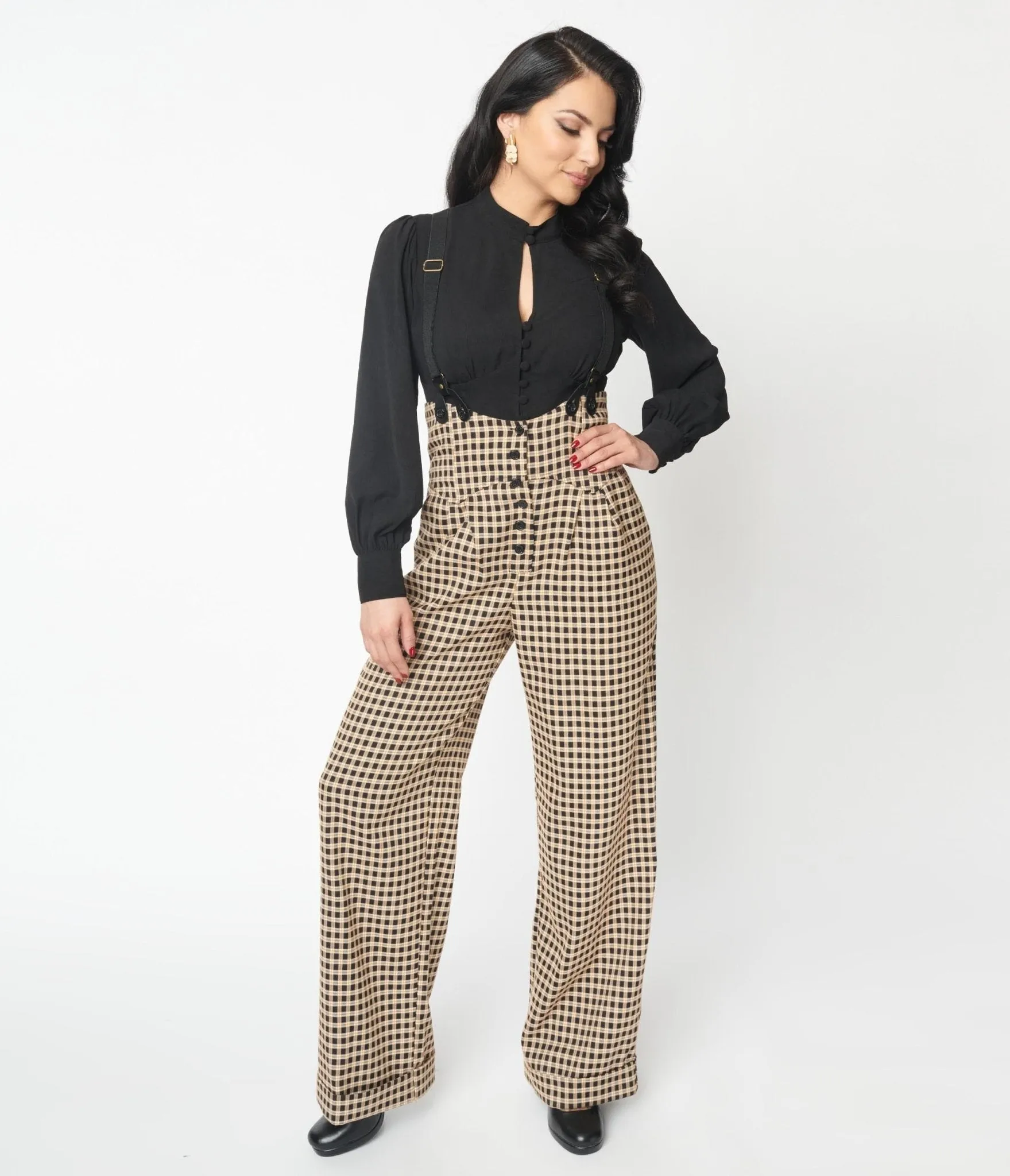 Unique Vintage Black & Beige Plaid Thelma Suspender Pants