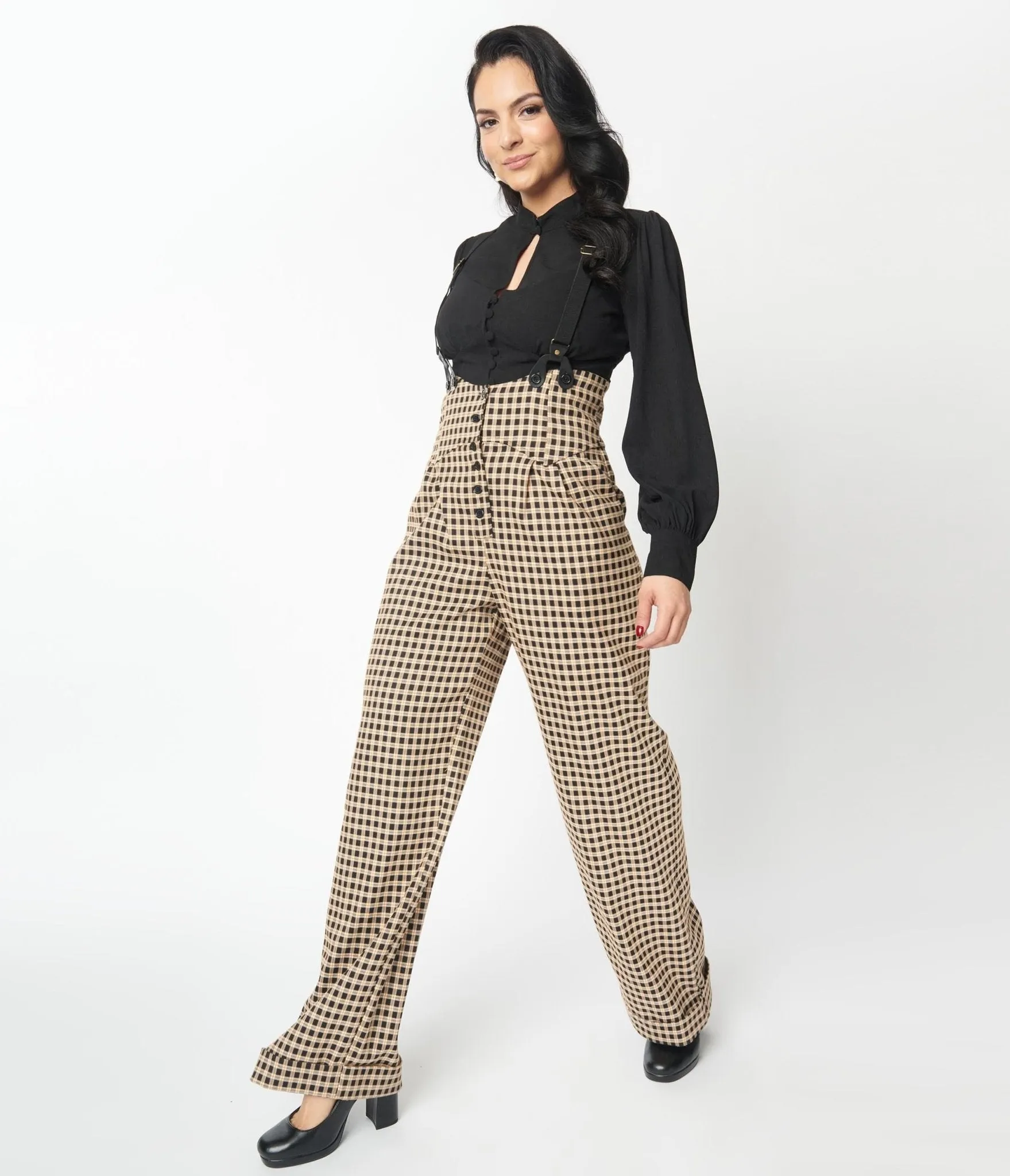 Unique Vintage Black & Beige Plaid Thelma Suspender Pants