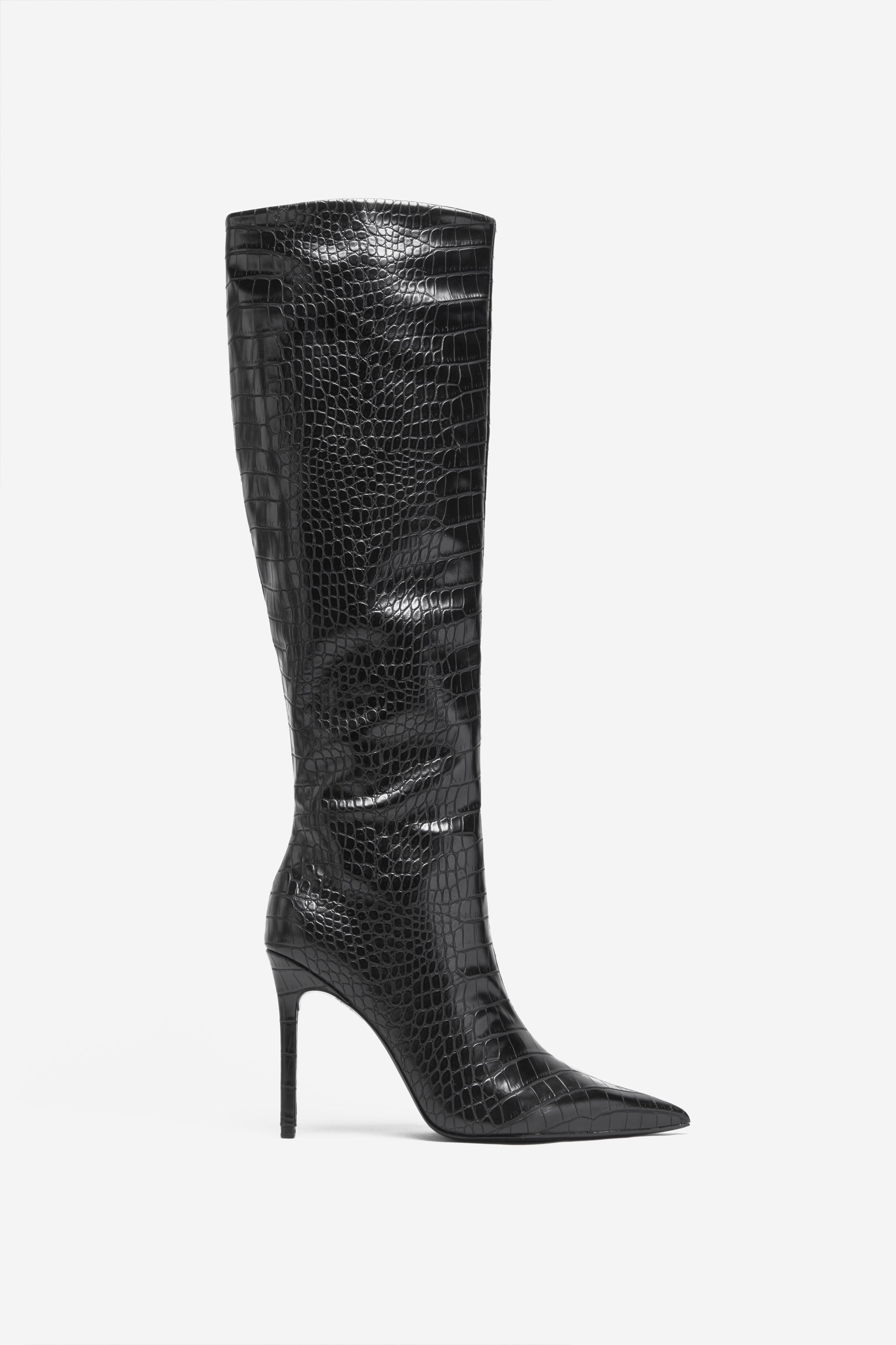 Uptown | Black Croc Fitted Over-Knee Pointed Heeled Boots