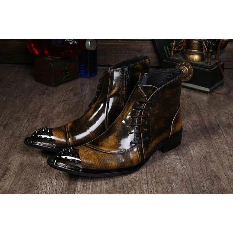 Western Style Pointed Iron Toe Lace-Up Motorcycle Ankle Boots for Men