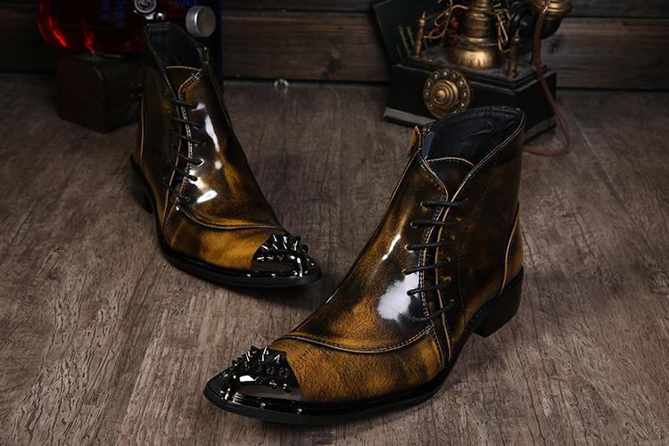 Western Style Pointed Iron Toe Lace-Up Motorcycle Ankle Boots for Men