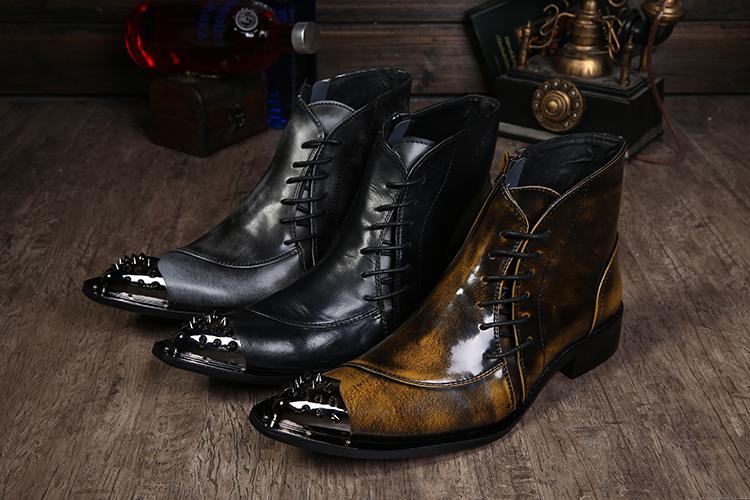 Western Style Pointed Iron Toe Lace-Up Motorcycle Ankle Boots for Men