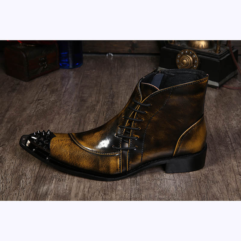 Western Style Pointed Iron Toe Lace-Up Motorcycle Ankle Boots for Men