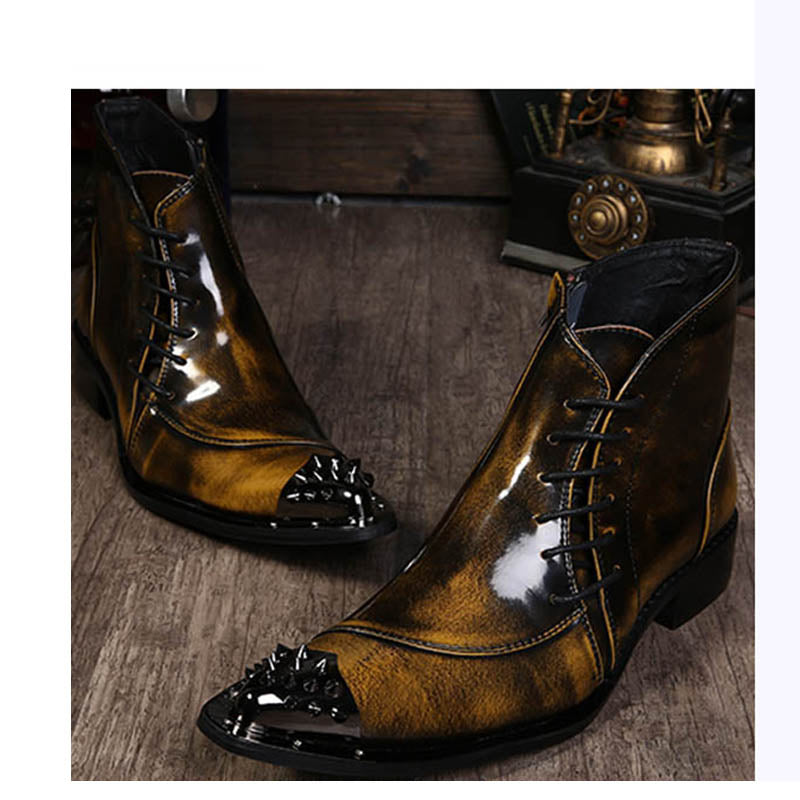 Western Style Pointed Iron Toe Lace-Up Motorcycle Ankle Boots for Men