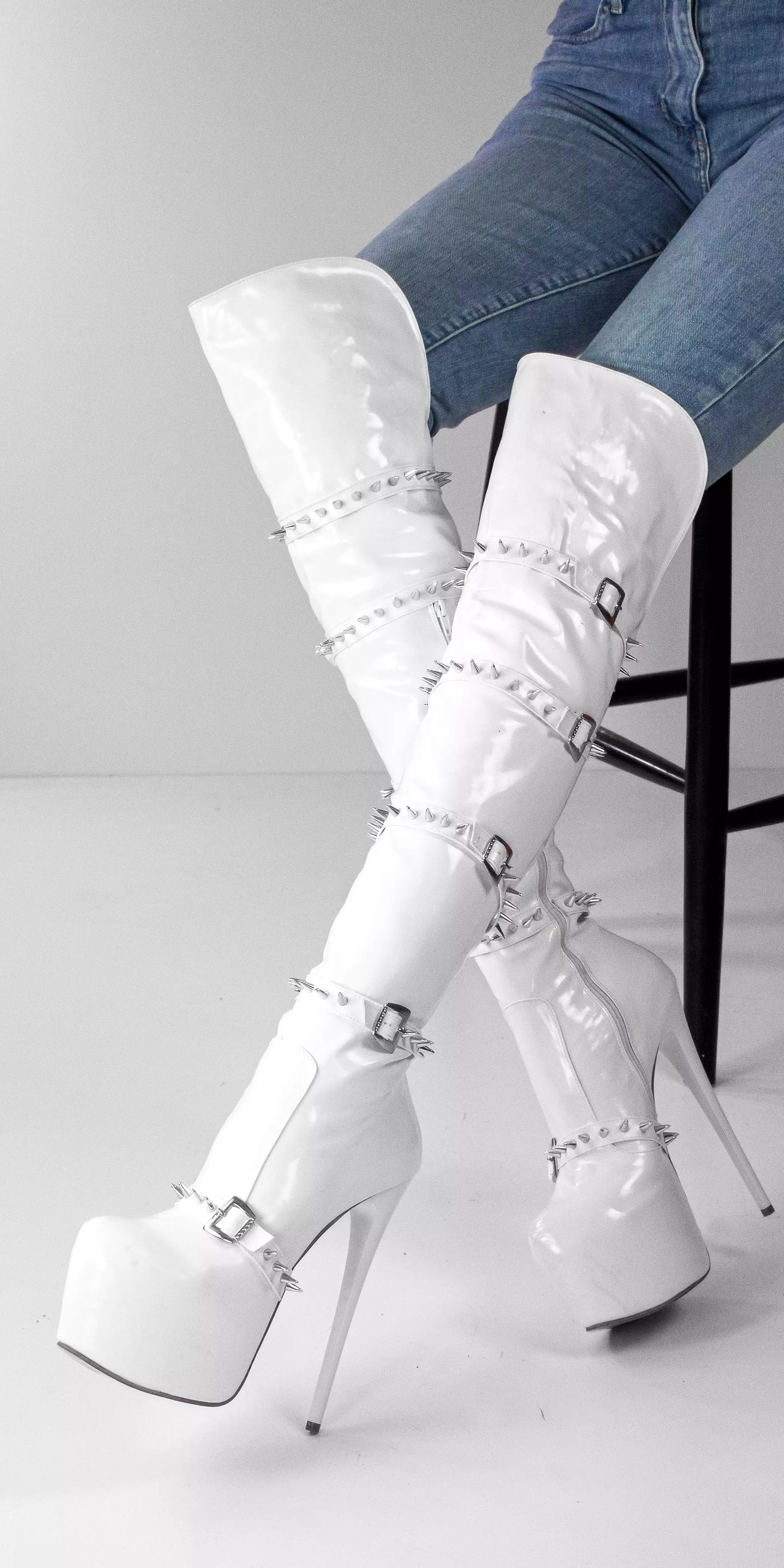 White Belted Knee High Boots with Spikes