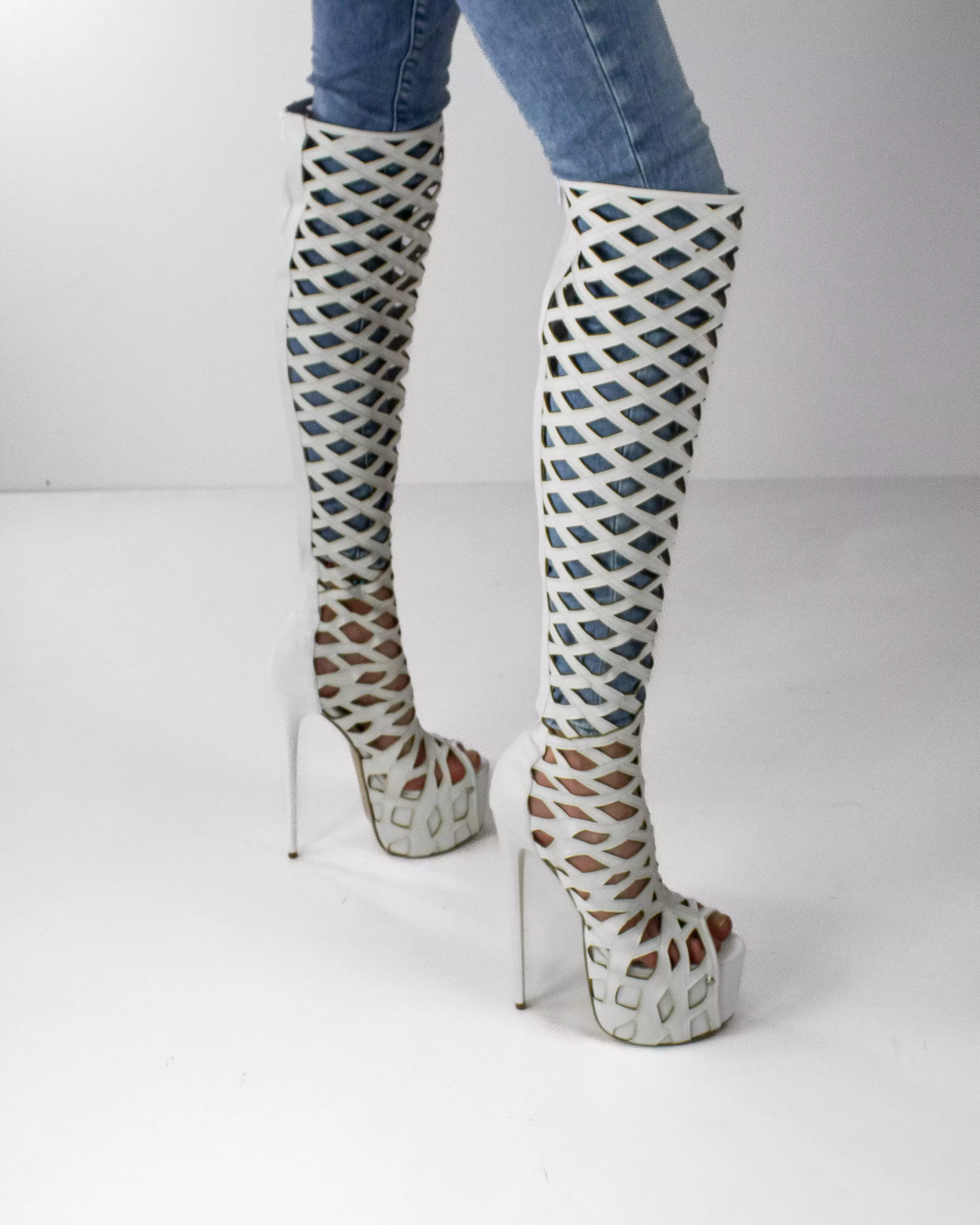 White Laser Cut Knee High Boots