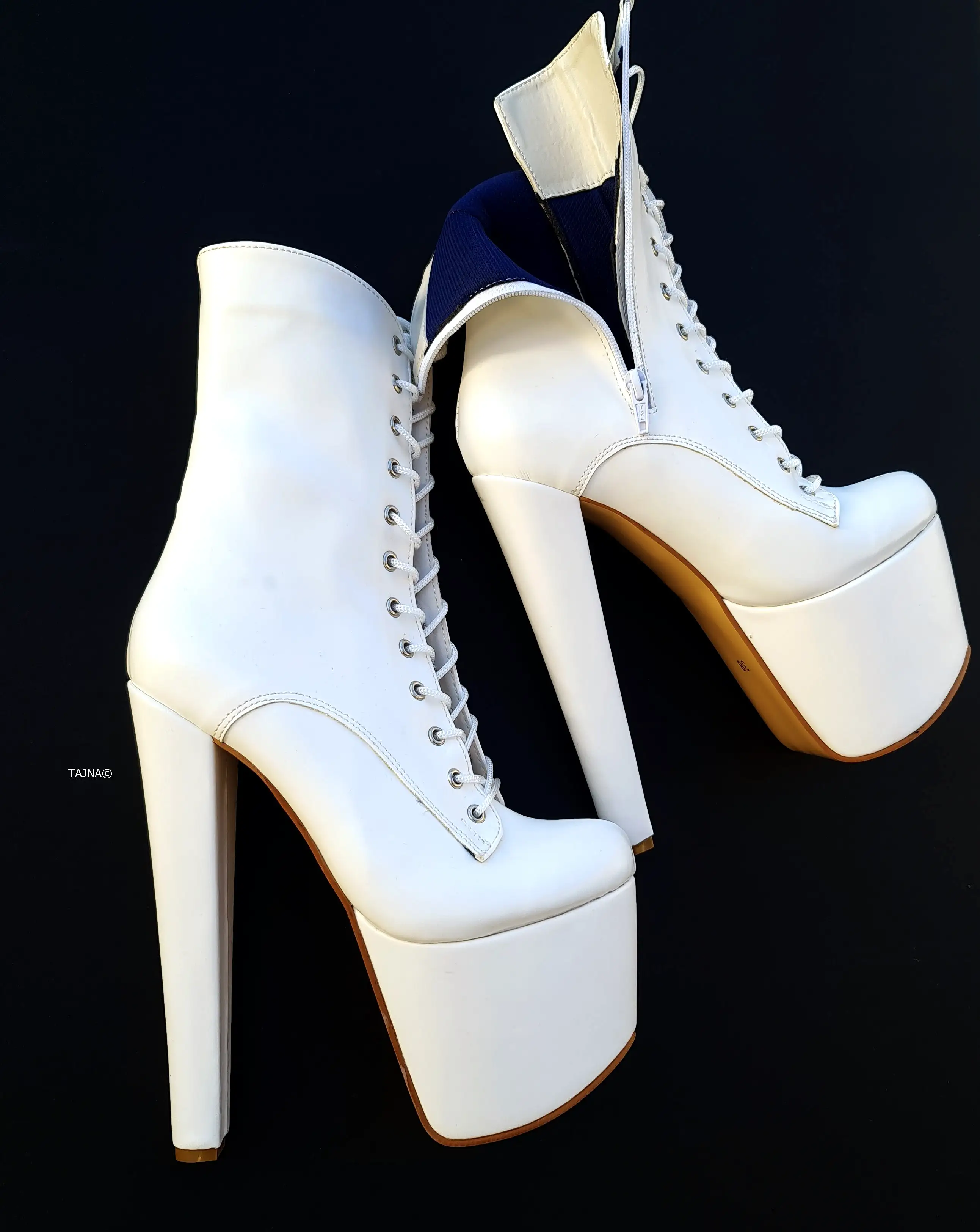 White Matte Lace Up High Heel Combat Style Boots