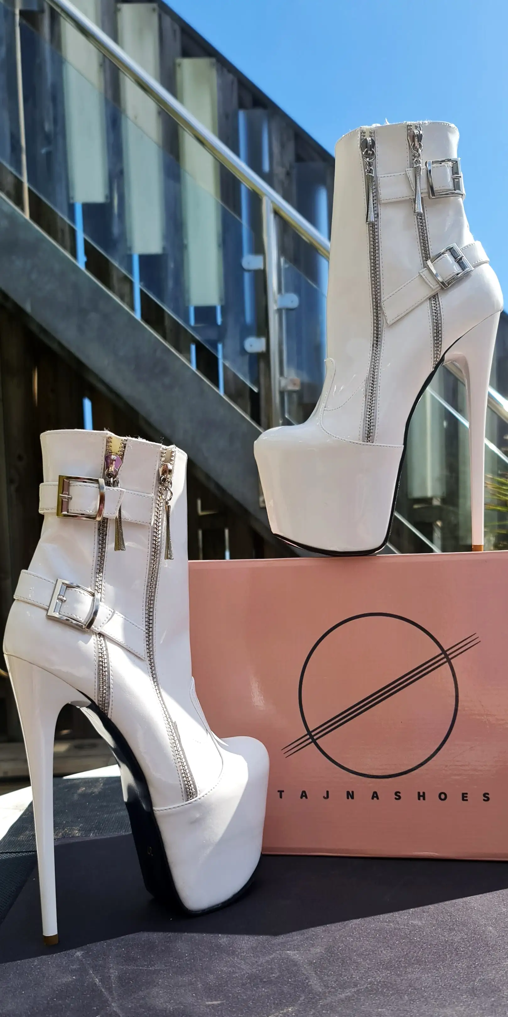 White Rocker Double Zip Belted High Heel Boots