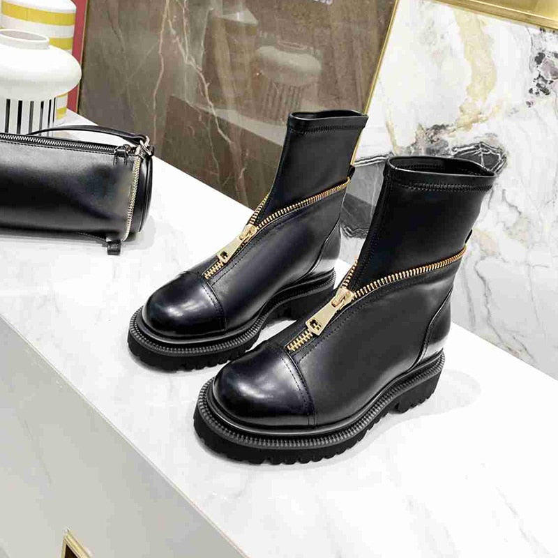 Women's Black Color Round Toe Square Heel Zipper Chelsea Boots